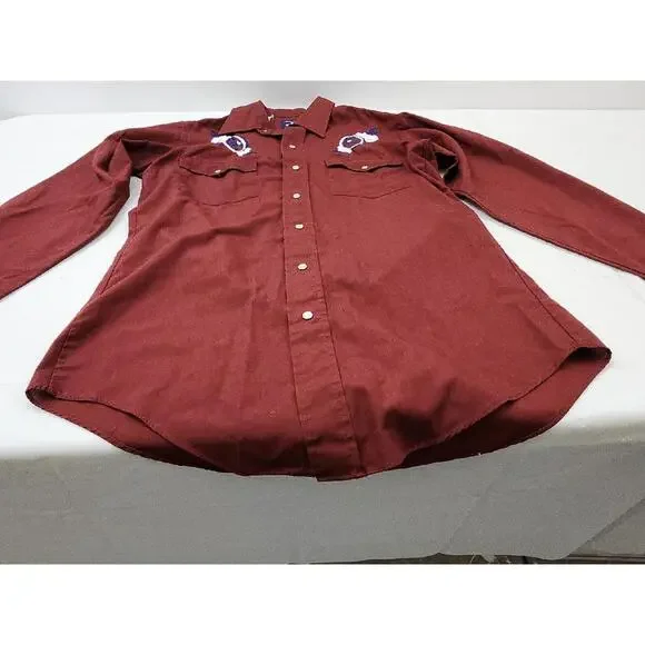 Vintage Men’s Medium Chute Red Maroon Western Pearl Snap Embroidered Wagon Shirt - Picture 5 of 15